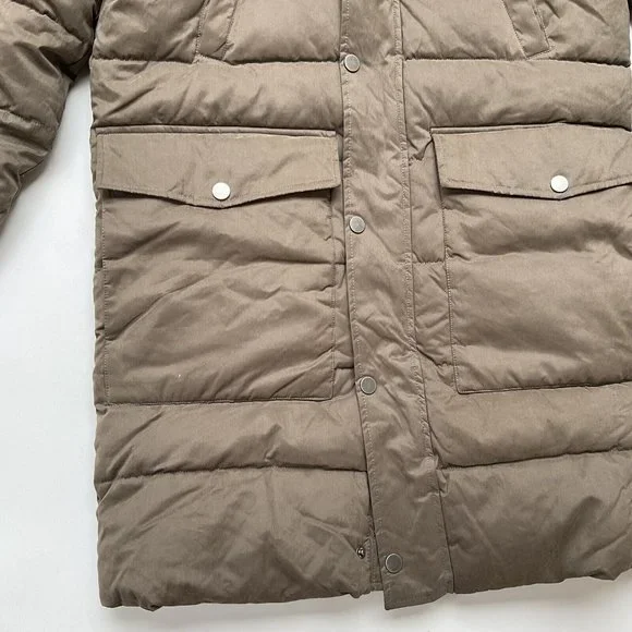 $298 Guess Men’s Alta Nylon Puffer Long Jacket With Hood In Light Brown Size XL